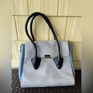 Pour la Victoire blue and white embossed leather shoulder bag with black handles